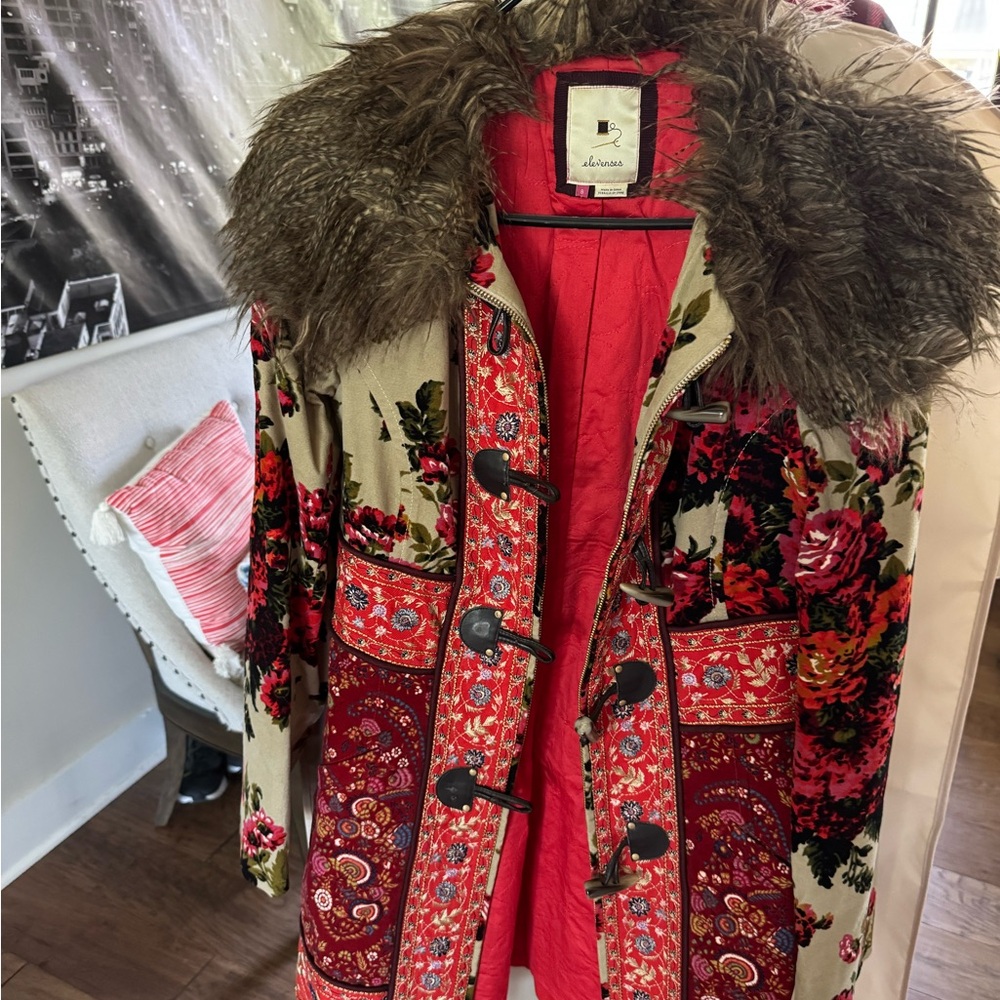 Elevenses Red and Cream Trench Coat with Fur Collar and Gold Detailing